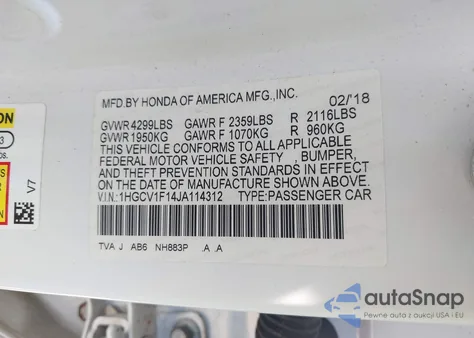 2018 Honda Accord Lx z USA, uszkodzony, nr VIN 1HGCV1F14JA114312